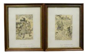 19th century pair of Japanese woodblock prints by Kunisada, 10cm x 15cm in later frames. (2)