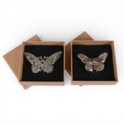 2 x very large & heavy marcasite & gem set vintage butterfly brooches, gross 40g, largest 80mm