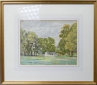 George Cooper, watercolour painting of outbuilding in wood landscape, 22 29cm.