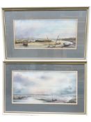 Two watercolours depicting boats, beaches, and seascapes, each approximately 26cm x 52cm. Both works