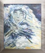 John Bratby (not signed) large oil on canvas of a 'Scary Lady' framed with a wooden silver tone