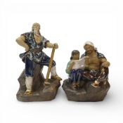 Chinese Shiwan Mudmen figures depicting a man and a child reading a paper, and a man leaning on an