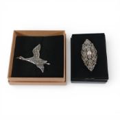 2 x large & heavy sterling silver vintage brooches set marcasite.