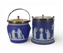 Wedgwoods 20th century Jasper Dip Ware Biscuit Barrels each with metal style rims, lids and handles.