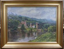 B Lewis, oil painting on board of Ironbridge, C1980s, 27.5 x 38cm in gilt frame.