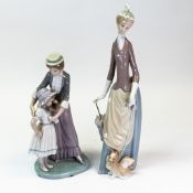 Lladró porcelain figurine compromising, lady in Edwardian dress with umbrella and dog at her feet,