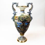 Large Capodimonte porcelain two handled vase, dragon shaped handles with embossed moulded figures