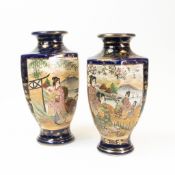 Pair of Early 20th century Japanese Satsuma hexagonal shaped vases, gilded and decorated on cobalt