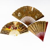 Oriental 19th century folding hand Fans to include:- paper leaf fan depicting flowers and birds on a
