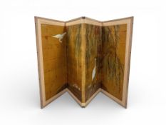 Japanese folding four panel gold leaf Byobu screen, decorated with Cranes, in wooden frame,