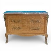 French Louis XV style chest of two drawers, with parquetry inlay, marble top & ornate brass handles,