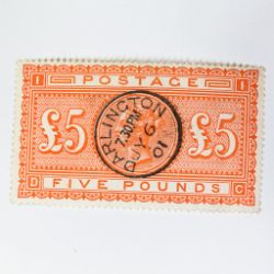 GB £5 five pounds orange stamp, SG137 used, Darlington CDS. Purchased from a PTS dealer for £4000 in
