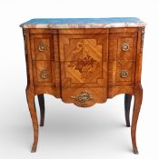 French Louis XV style commode with marble top with marquetry inlay & brass mounts, H80cm x W72cm x