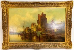 T.C. GESSNITZER (XIX) , Antwerp canal and boats scene, Oil painting on canvas, 41 x 67cm, in gilt