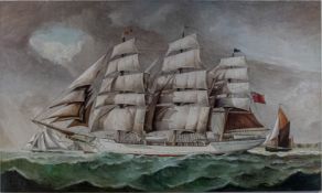 David Higgins, Oil painting on canvas, of a clipper ship with English Naval, 61 x 102cm.