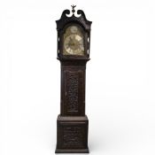 19th century 'W M Holland, Chester' carved Oak longcase Grandfather clock with Brass arched dial,