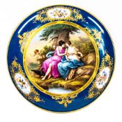 Meissen porcelain plate, gilded & hand painted with cherub and Jupiter & Calista mythological scene,