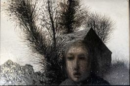 Jack SIMCOCK (1929-2012), oil painting on board, landscape with outbuilding and head of figure to