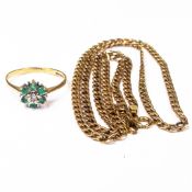 9ct Gold necklace, L.51cm, 3.5g and 9ct gold ring set with green stones, size R/S, 1.7g. (2)