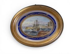 David Higgins, a painting on oval wooden panel with Shipwreck scene, 18 x 28cm, in oval gilt frame.