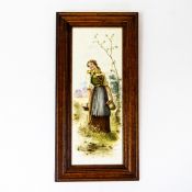 Copeland rectangular tile, decorated with a Milkmaid by J Keeling, in oak frame, overall 50 x