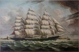David Higgins, Oil painting on canvas, of a clipper ship with English Naval 65 x 99cm.