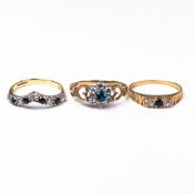 Three 9ct Gold rings, each set with various semi precious gemstones, sizes L/M, 3.7g. (3)