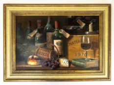 Raymond CAMPBELL (English, b.1956) still life, depicting several wine bottles, cheese and grapes.