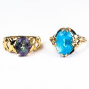 Two 9ct QVC Gold rings, each set with various semi precious gemstones, size Q, 7.1g. (3)