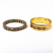 9ct Gold eternity ring, set with stones, one missing, 2.2g and yellow metal wedding ring,