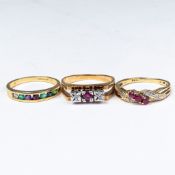 Three 9ct Gold rings, each set with various stones, sizes M/N, 6.6g. (3)