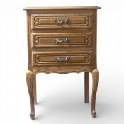 Louis XV style carved Oak 3 drawer side table, H75cm x W48.5cm x D38cm. COURIER OR COLLECTION ONLY