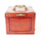 Mahjong set, wooden and metal bound case with five drawers of tiles and markers, made in China, 15cm