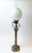 19th century lamp, Silver plated ornate Corinthian column with brass oil lamp fittings and glass