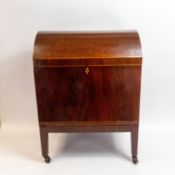 George III Mahogany Cellarette, dome topped on inlaid tapered legs, brass handles with fitted