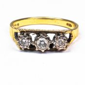 18ct Gold three stone diamond ring, size P/Q, 3.9g.