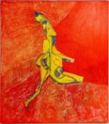 Colin Melbourne (1928-2009) An abstract animal form in vivid palette on textured red background. Oil