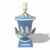 A 1972 Wedgwood white on pale blue Jasper Campagna shape twin handled lamp base. Decorated with