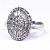 18ct white Gold brilliant & baguette cut diamond cluster ring, size O, 5.6g.