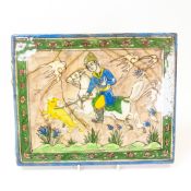 Antique Persian Qajar Pottery tile, horse and rider hunting scene, 25 x 31cm, a/f.