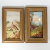 Pair of 19th/20th century tiles, each hand painted with game birds, in gilt frames, overall 40 x
