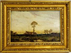 Oil painting on panel, farmers and farm in landscape scene, 19th century, in gilt frame, 15 x 23cm.