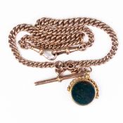 Victorian 9ct Rose Gold double Albert chain, with T-bar and swivel fob, chain length 37cm, 37.5g.