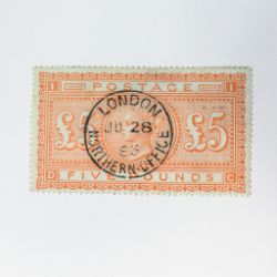 GB £5 five pounds orange stamp, SG133 used. Purchased from a PTS dealer for £4350 in 2014 for £4350,