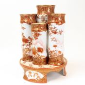 Japanese Kutani porcelain vase, in the form of four bamboo stalks on a base, decorated with birds