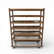 Early 20th-century wooden factory shoe trolley, H140cm x W118.5cm x D38cm.