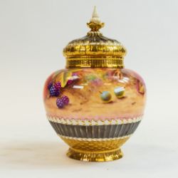 Royal Worcester potpourri gilded vase & cover, hand painted with fruit by J Skerrett, shape 1286,