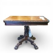 Victorian Rosewood fold-over card table with carved base & lions paw feet, H72cm x W91cm x D45cm.