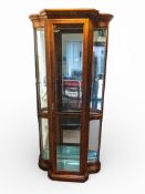 Modern Yew wood curio cabinet with glass doors & shelves, H204cm x W96cm x D35.5cm.