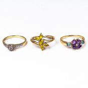 Three 9ct QVC Gold rings, each set with various semi precious gemstones, size Q, 7.3g. (3)